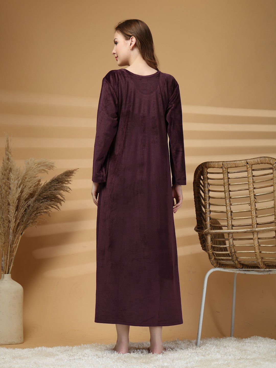 Klotthe Wine Solid Soft touch Velvet Maxi Nightdress