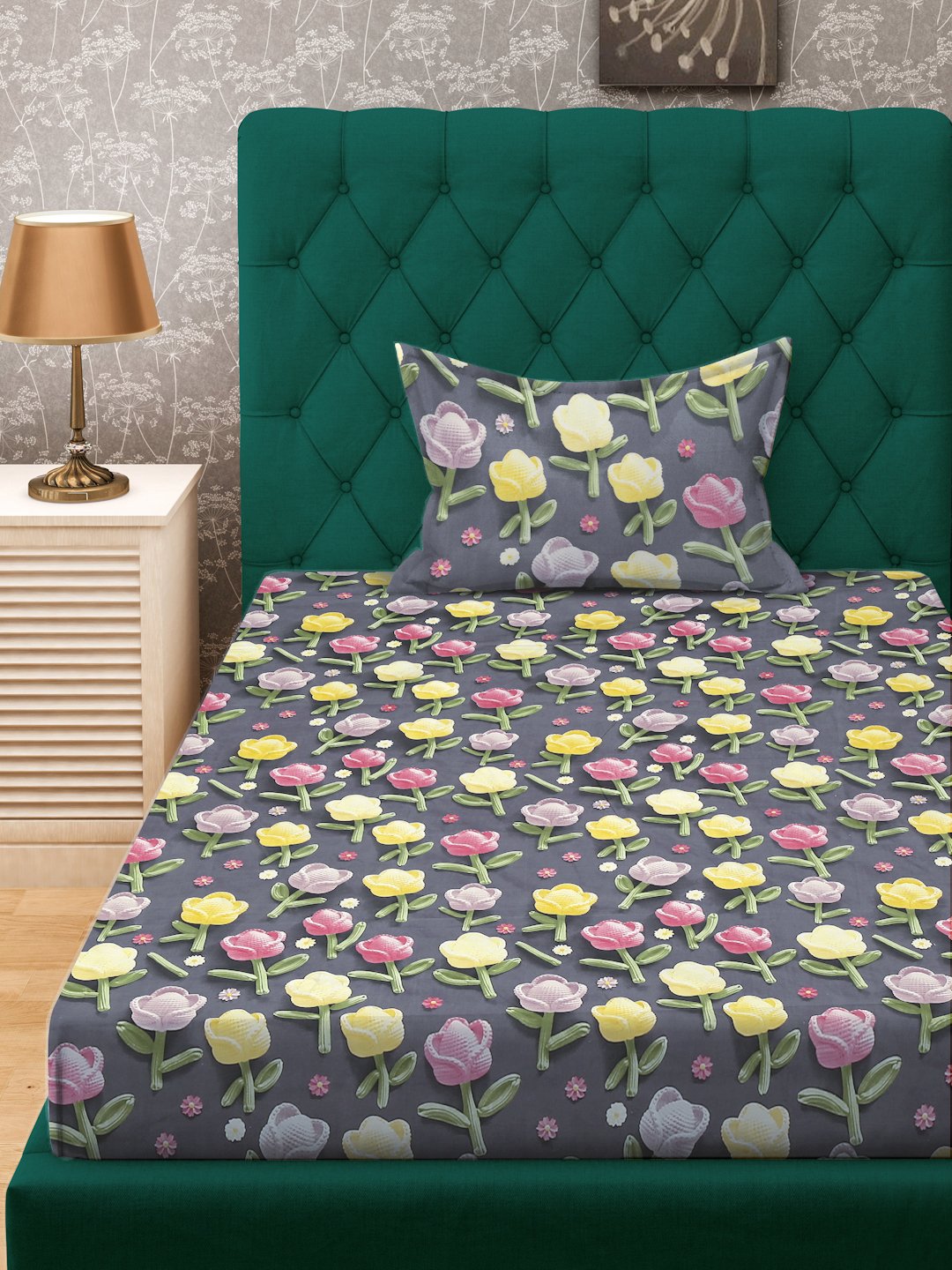 Grey Floral 7D Cotton Blend Fitted Single Bedsheet with Pillow Cover