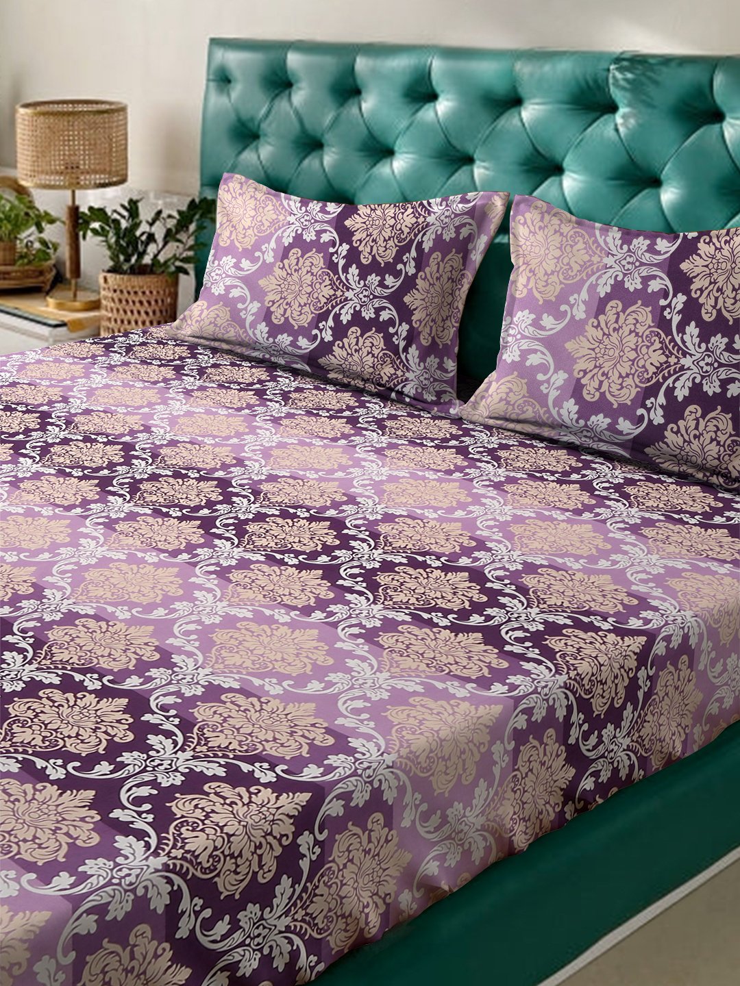 Purple Floral 300 TC Cotton Blend Double Bedsheet with 2 Pillow Covers