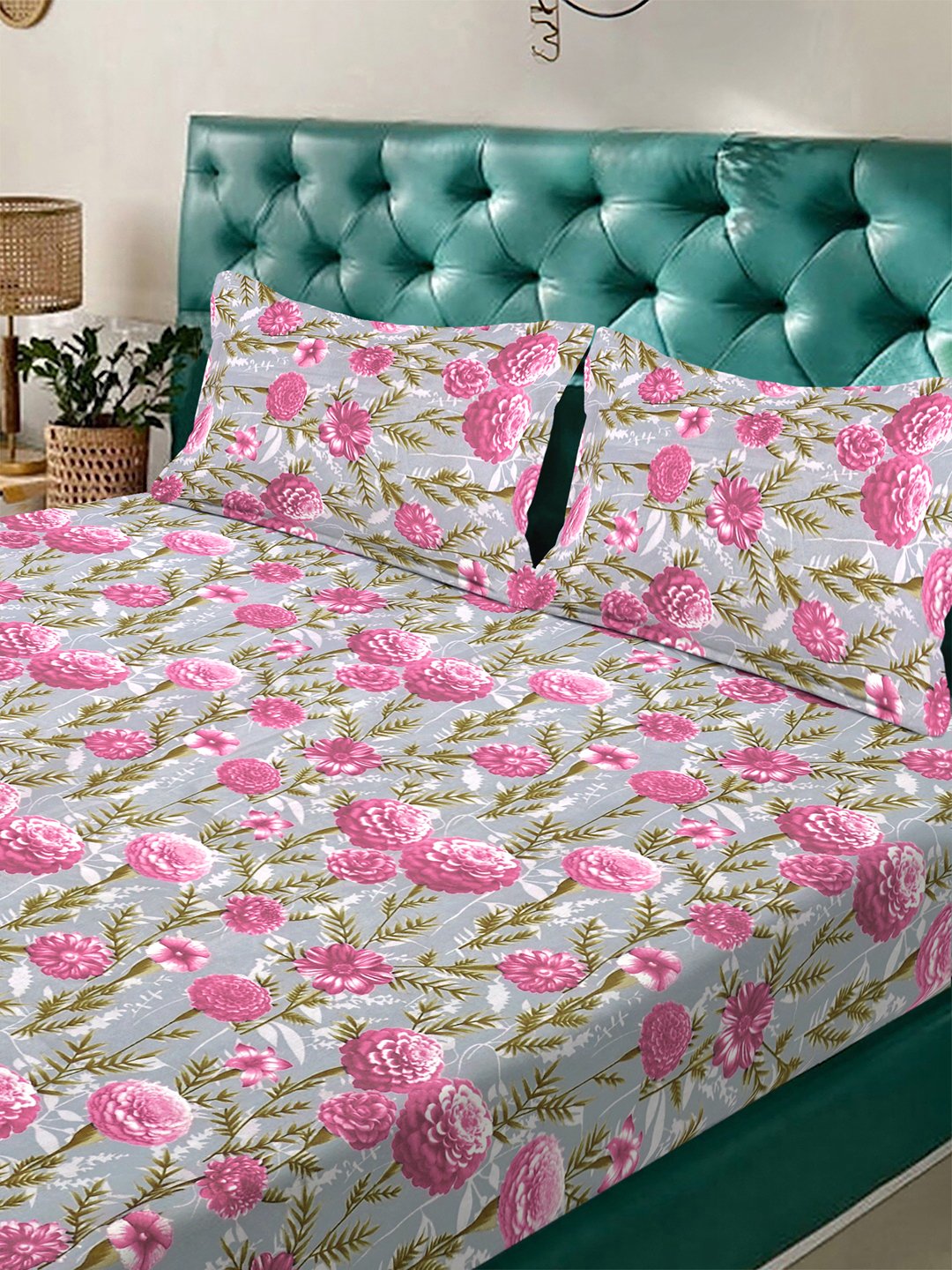 Pink Floral 300 TC Cotton Blend Fitted Double Bedsheet with 2 Pillow Covers