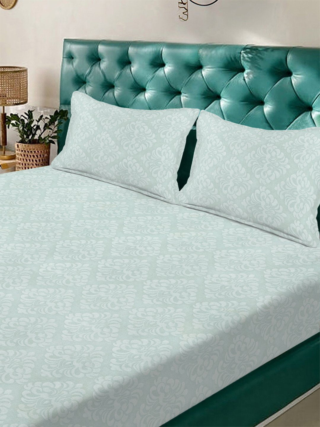 Green Floral Embossed Cotton Blend Fitted Double Bedsheet with 2 Pillow Covers