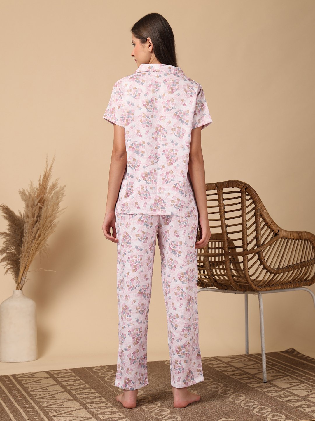 Pink Striped Cotton Blend Women Night Suit