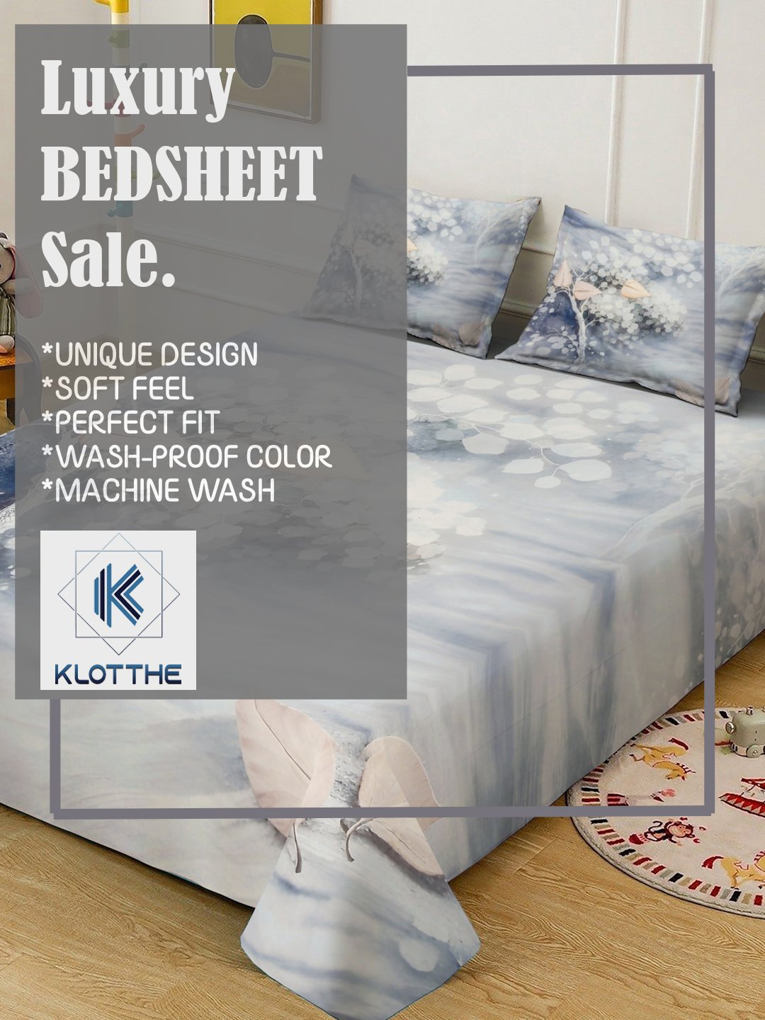 Grey Digital Floral Printed Cotton Blend Fitted Double Bedsheet with 2 Pillow Covers