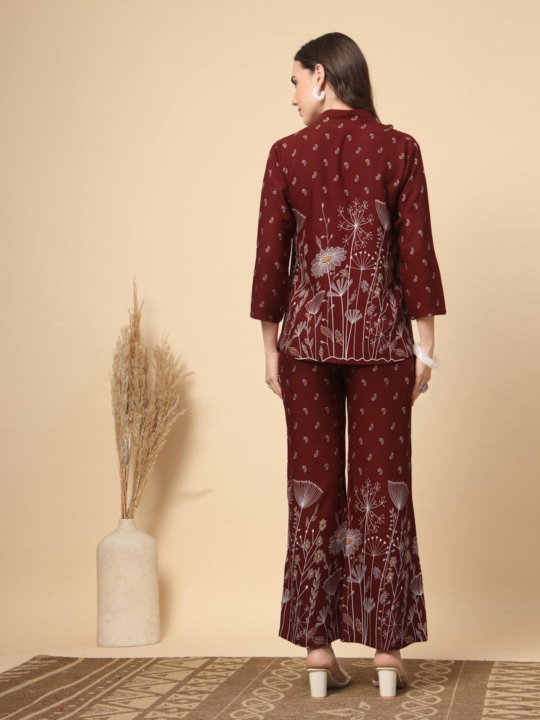 Maroon Cotton Printed Shirt With Trousers Co-Ords Set