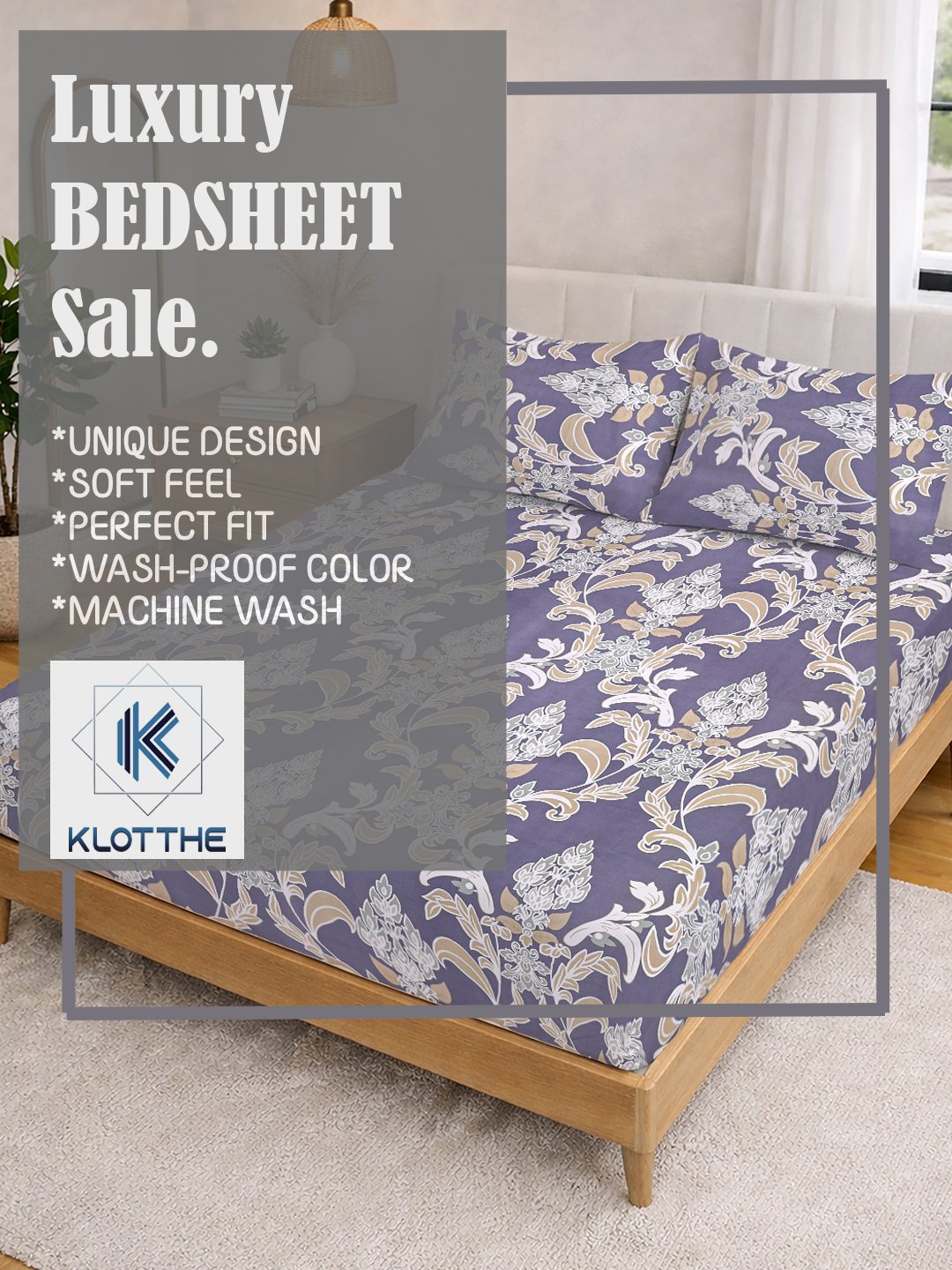Purple Floral Cotton Blend Fitted Double Bedsheet with 2 Pillow Covers