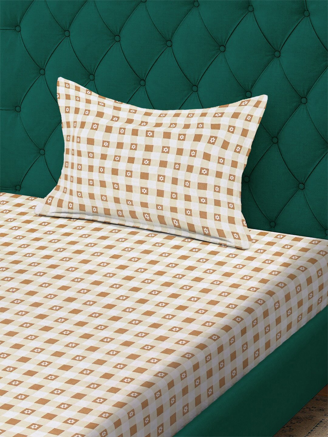 Beige Geometric 300 TC Cotton Blend Single Bedsheet with Pillow Cover