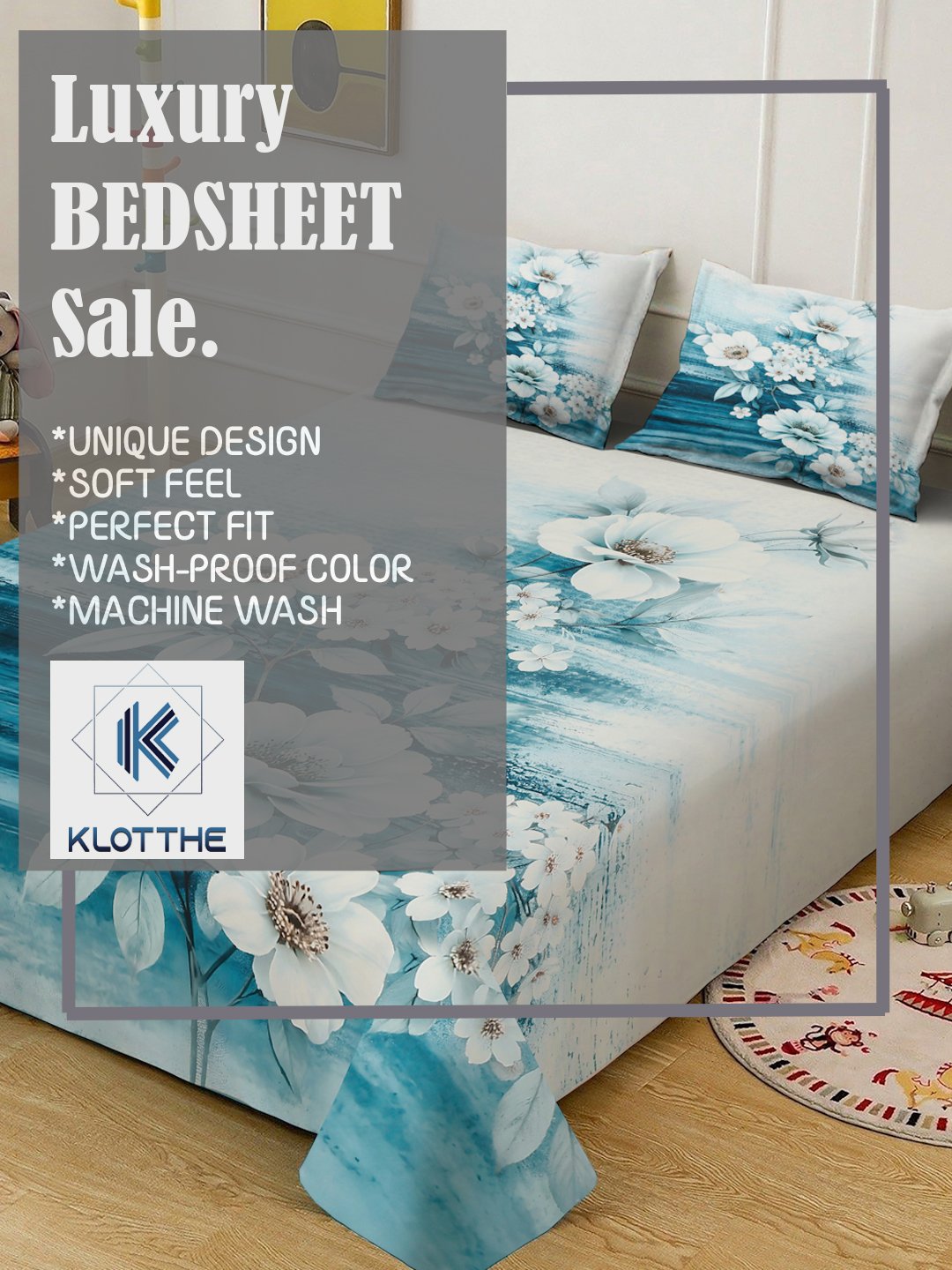 Blue Digital Floral Printed Cotton Blend Double Bedsheet with 2 Pillow Covers