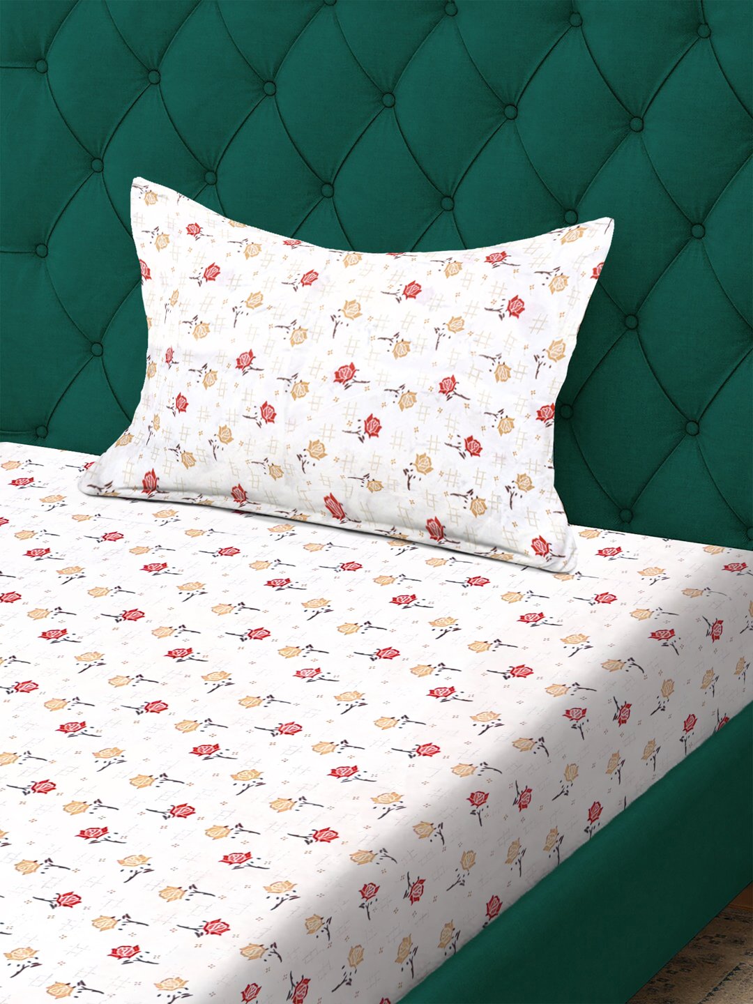 Cream Floral 300 TC Cotton Blend Single Bedsheet with Pillow Cover