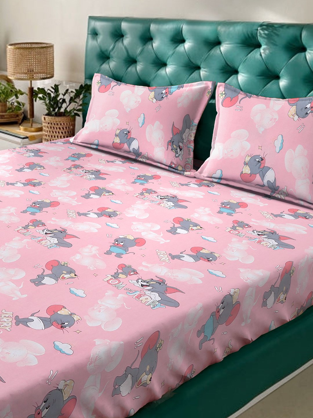 Pink Cartoon Characters 400 TC Pure Cotton Double Bedsheet with 2 Pillow Covers