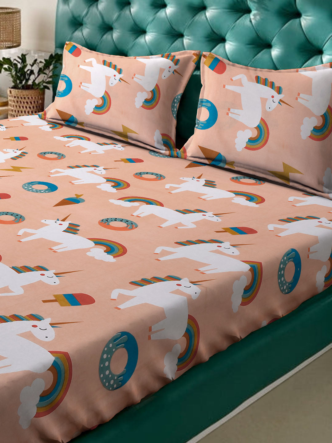 Klotthe Orange Cartoon Characters 400 TC Pure Cotton Double Bedsheet with 2 Pillow Covers