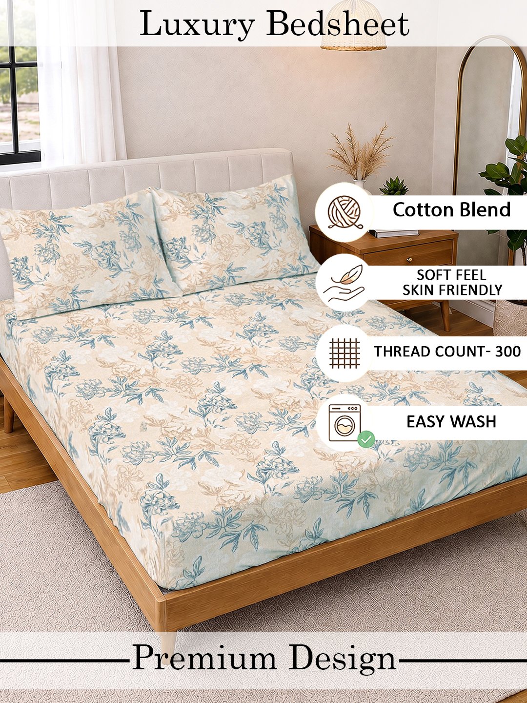 Cream Floral Cotton Blend Fitted Double Bedsheet with 2 Pillow Covers