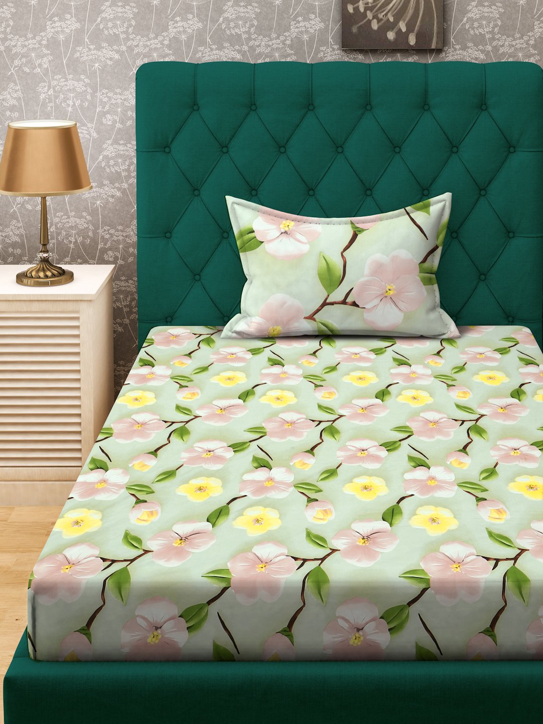 Green Floral 7D Cotton Blend Single Bedsheet with Pillow Cover