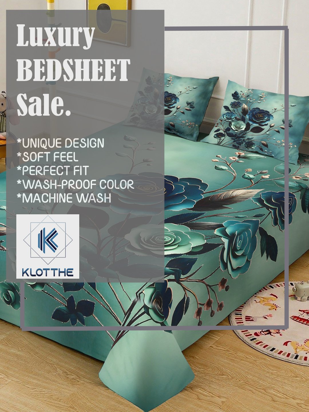Green Digital Floral Printed Cotton Blend Fitted Double Bedsheet with 2 Pillow Covers