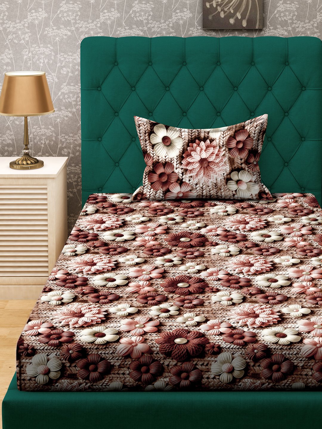Brown Floral 7D Cotton Blend Single Bedsheet with Pillow Cover