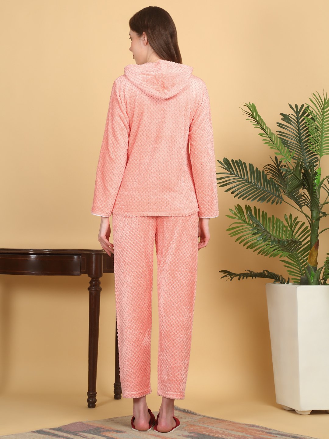 Women Orange Solid Hooded Woolen Night Suit