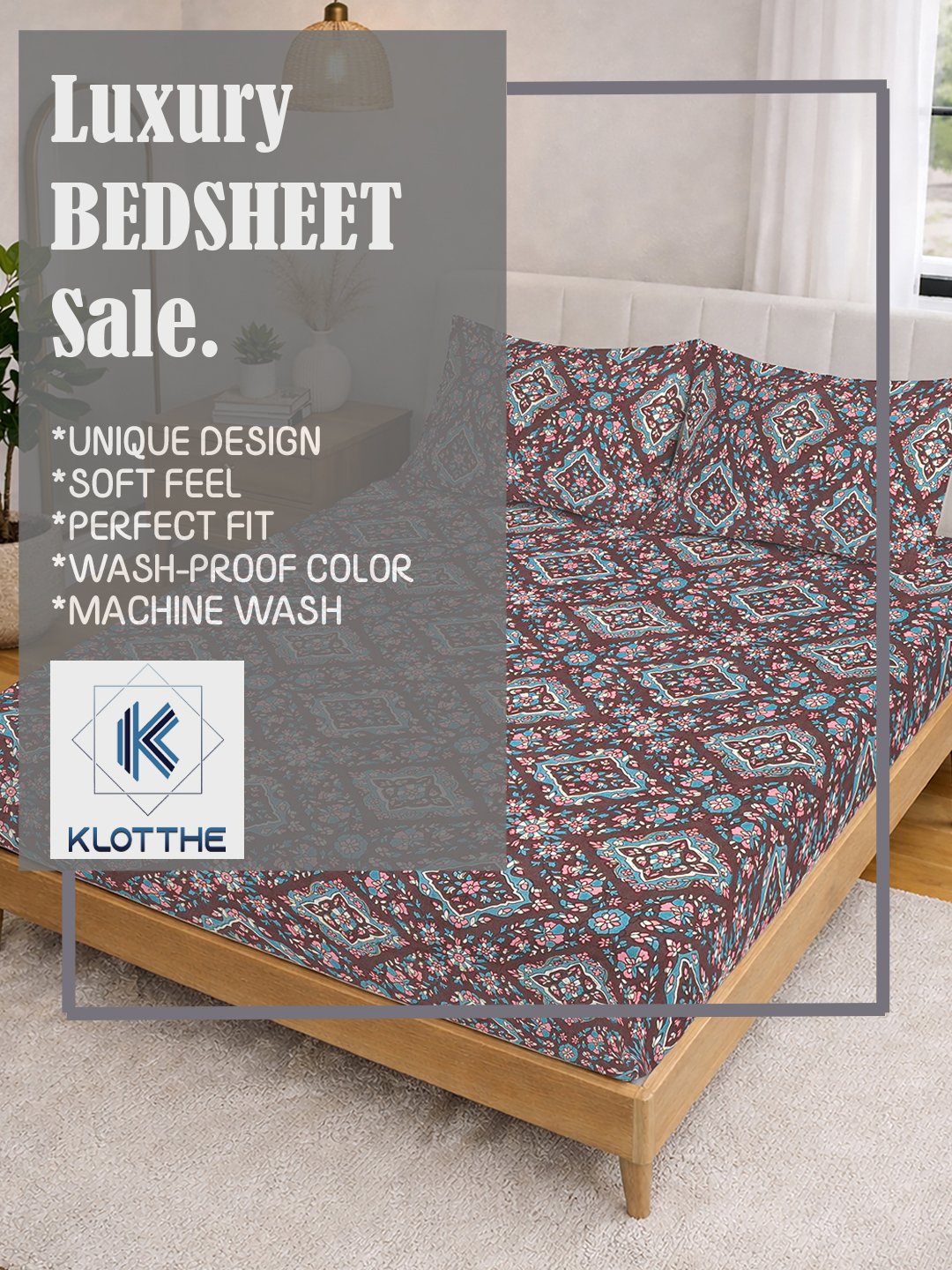 Brown Floral Fitted Fitted Cotton Blend Double Bedsheet with 2 Pillow Covers