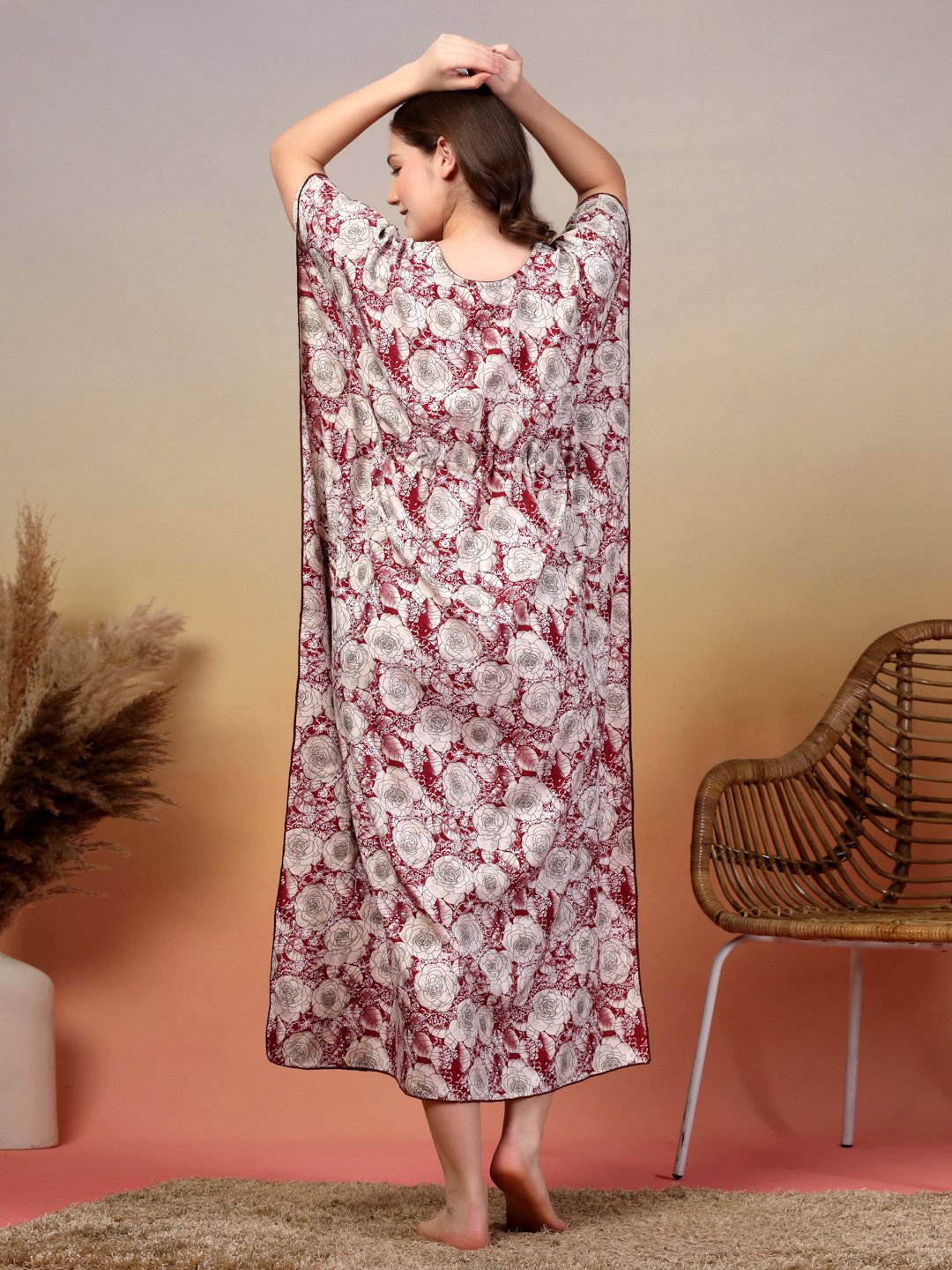 Maroon Floral Cotton Blend Kaftan Maxi Nightdress