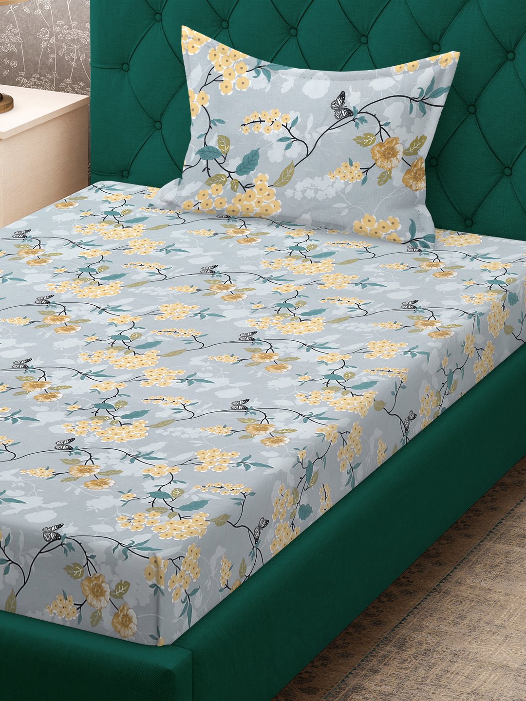 Multi Floral 300 TC Cotton Blend Single Bedsheet with Pillow Cover