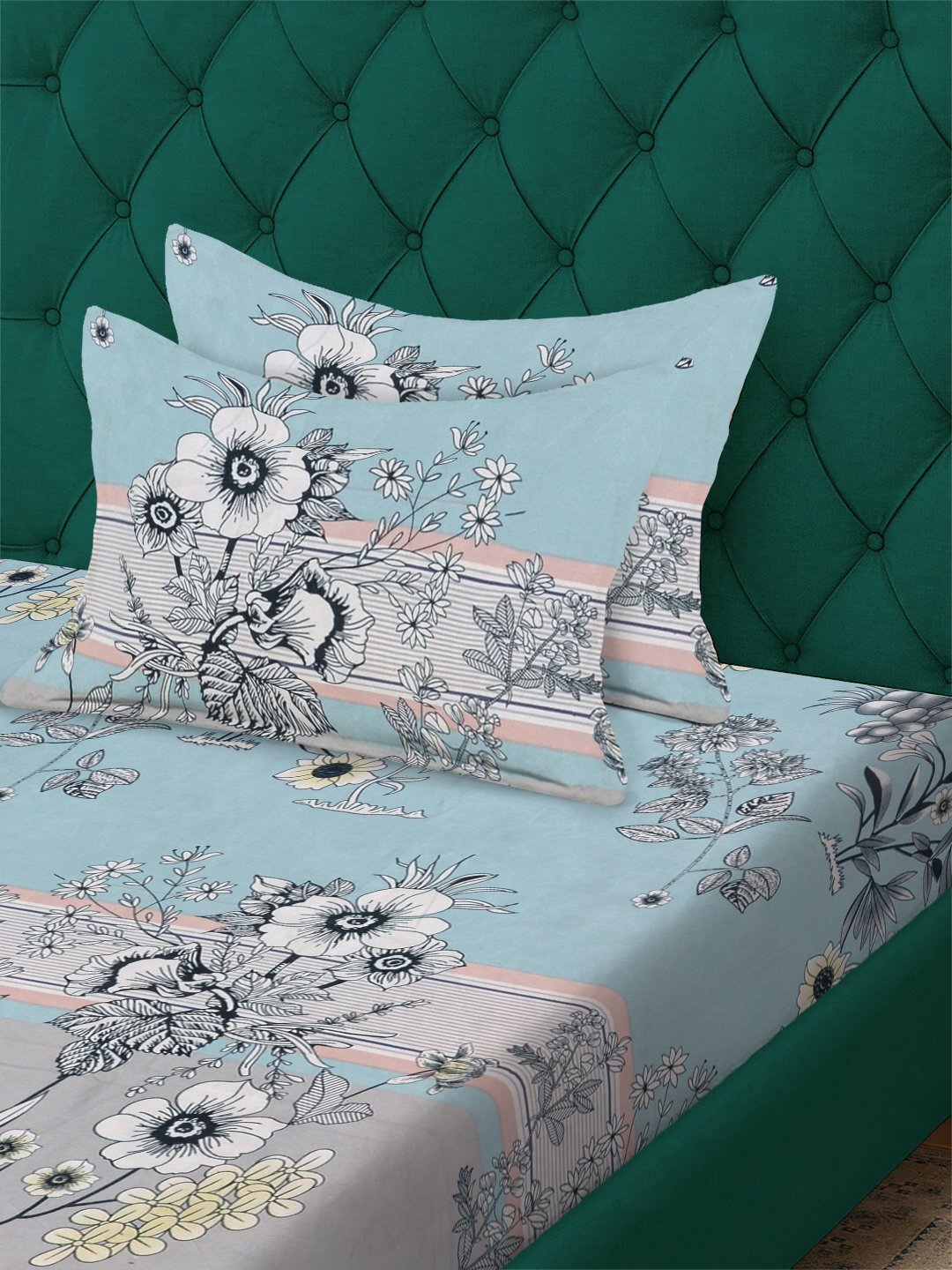 Multi Floral 300 TC Cotton Blend Single Bedsheet with 2 Pillow Covers