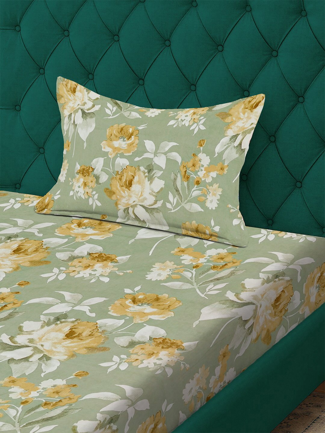 Green Floral 300 TC Cotton Blend Fitted Single Bedsheet with Pillow Cover