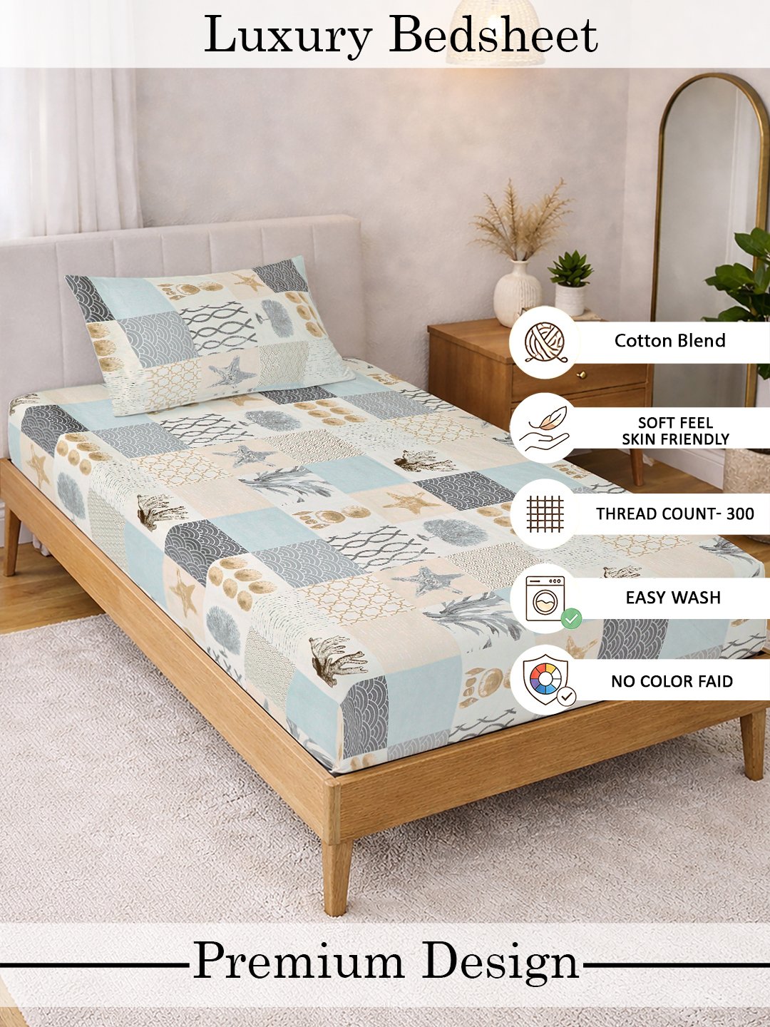Multi Geometric Cotton Blend Fitted Single Bedsheet with Pillow Cover