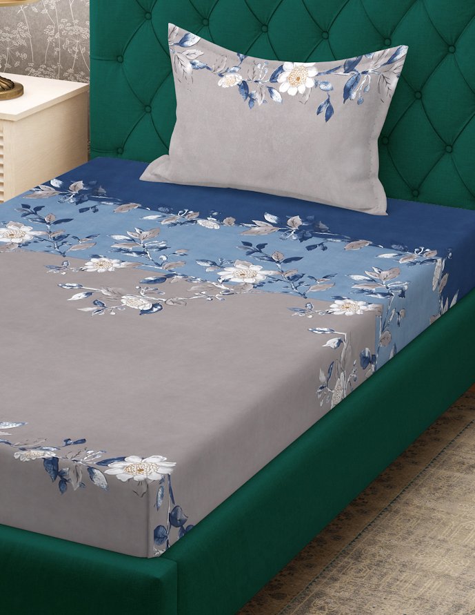 Grey Floral 300 TC Cotton Blend Fitted Single Bedsheet with Pillow Cover