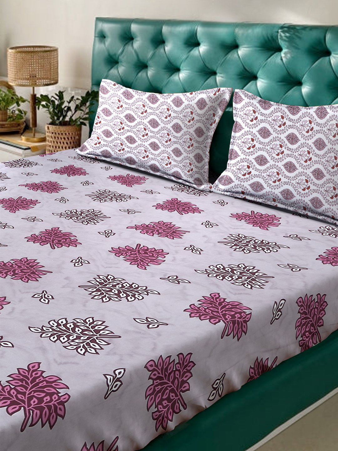Purple Floral 400 TC Pure Cotton Double Bedsheet with 2 Pillow Covers