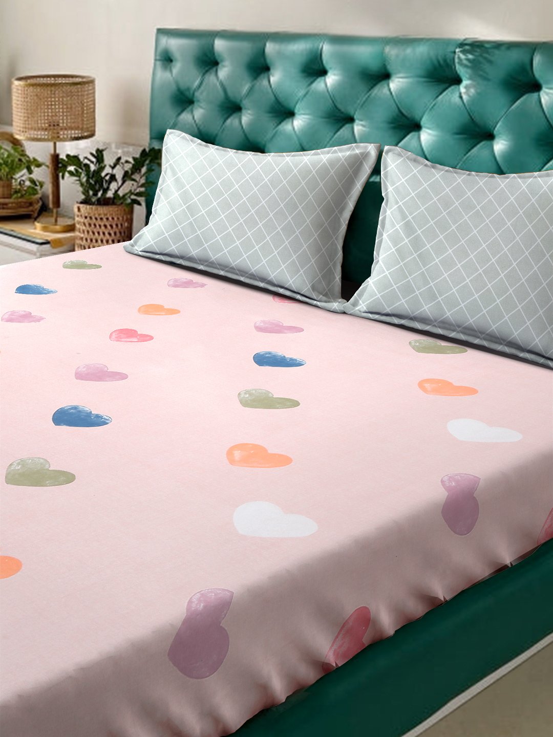 Pink Abstract 300 TC Cotton Blend Fitted Double Bedsheet with 2 Pillow Covers