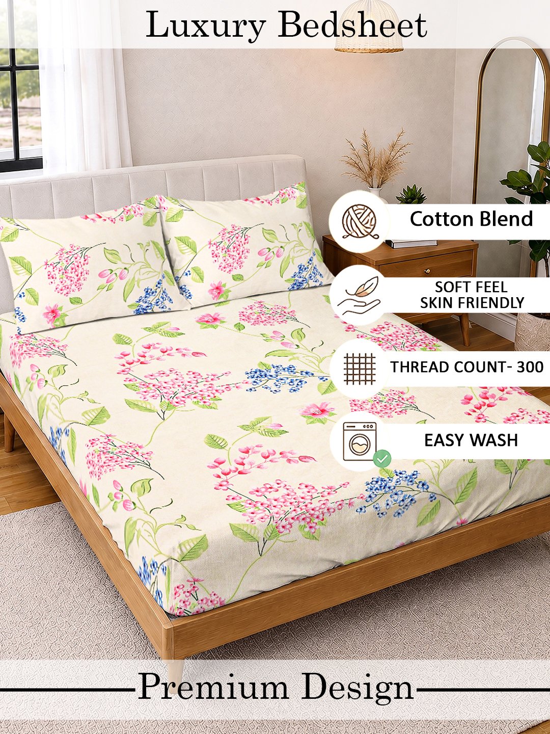 Cream Floral Cotton Blend Fitted Double Bedsheet with 2 Pillow Covers