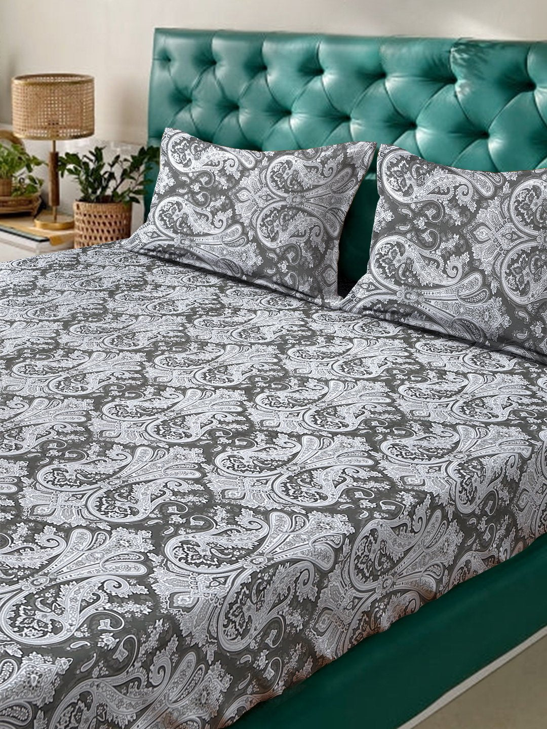 Olive Floral 400 TC Pure Cotton Fitted Double Bedsheet with 2 Pillow Covers