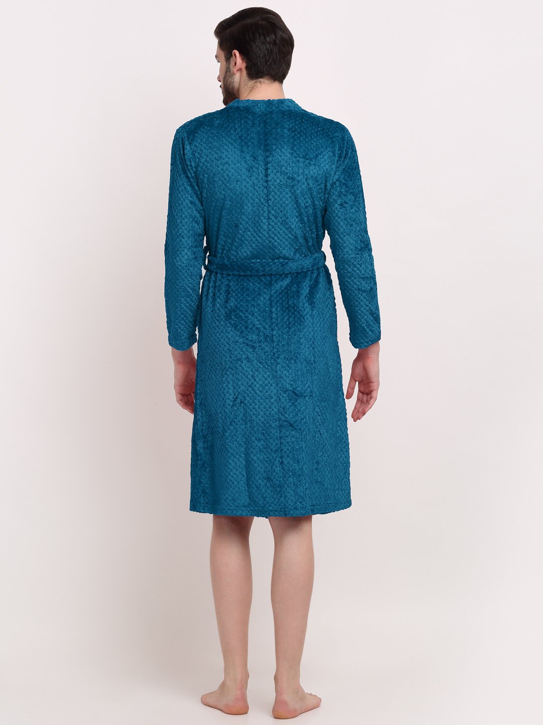 Men Blue Self Design Wool Bath Robe With Belt