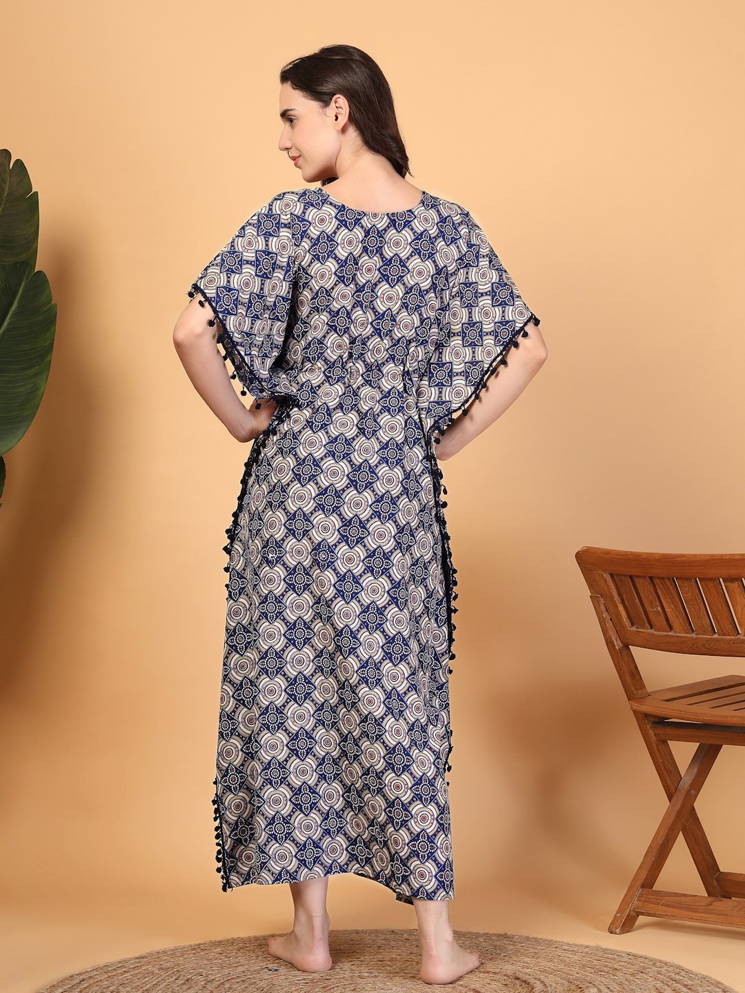 Blue Floral Cotton Blend Kaftan Maxi Nightdress