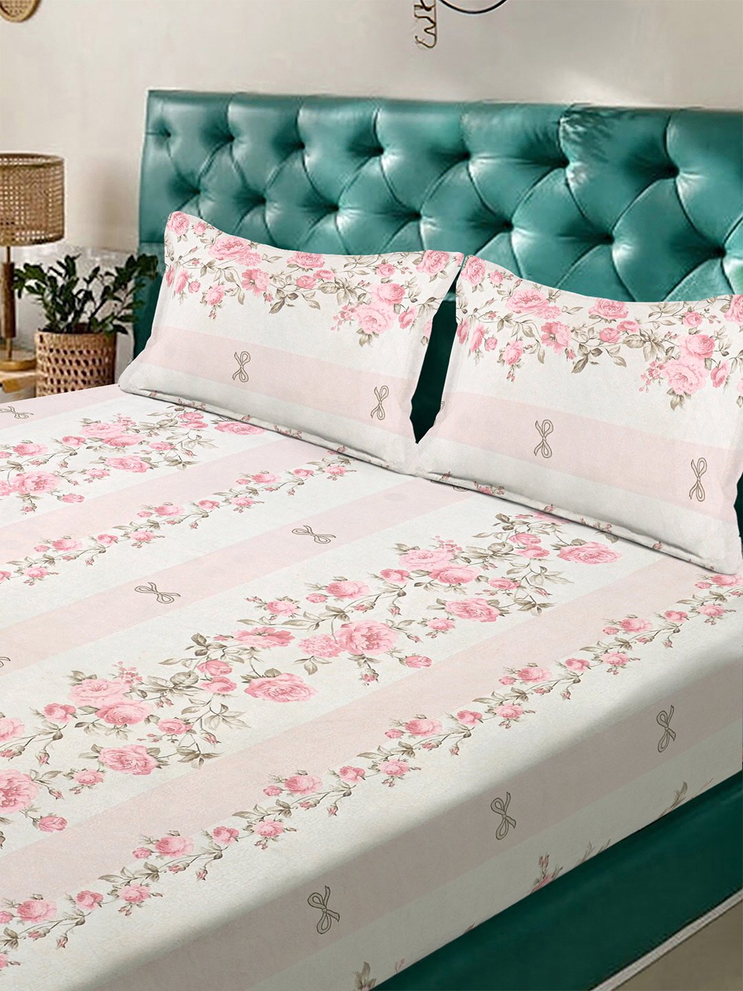 Pink Floral 300 TC Cotton Blend Double Bedsheet with 2 Pillow Covers