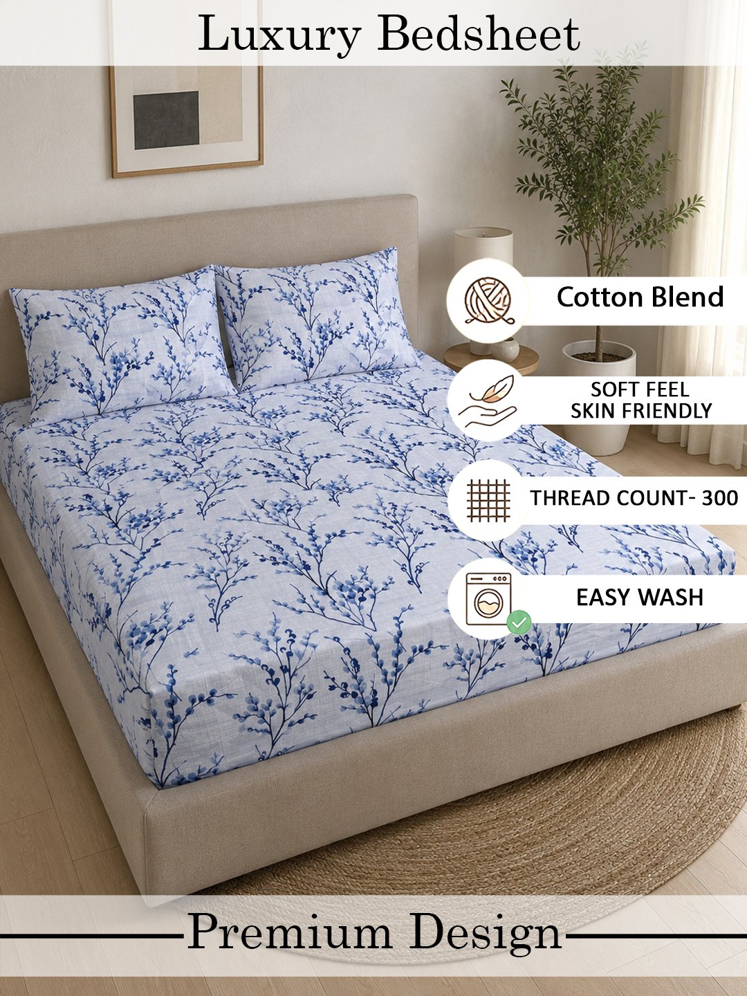 Blue Floral Cotton Blend Double Bedsheet with 2 Pillow Covers