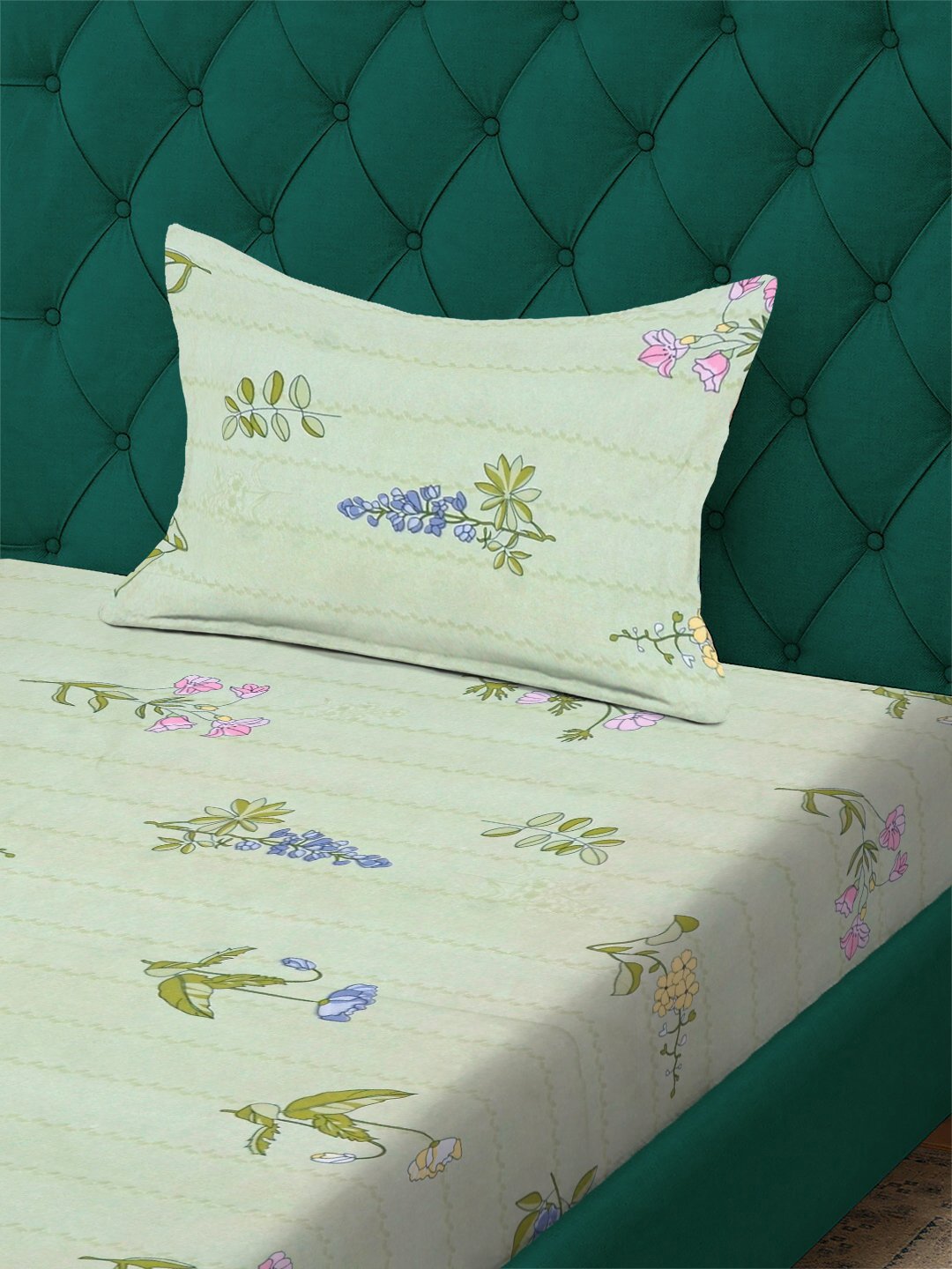 Green Floral 300 TC Cotton Blend Single Bedsheet with Pillow Cover