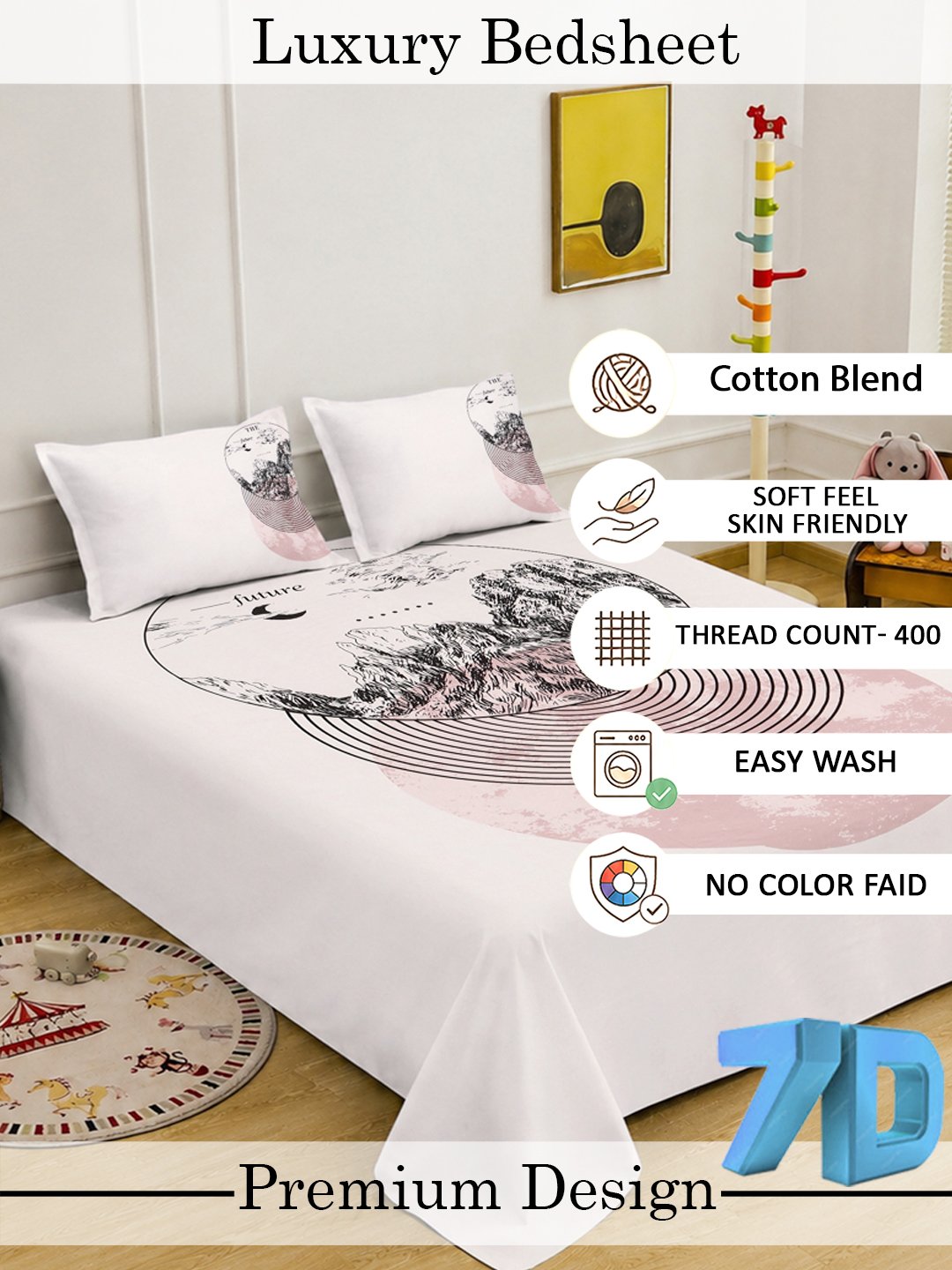 Digital Cream Geometric Cotton Blend Double Bedsheet with 2 Pillow Covers