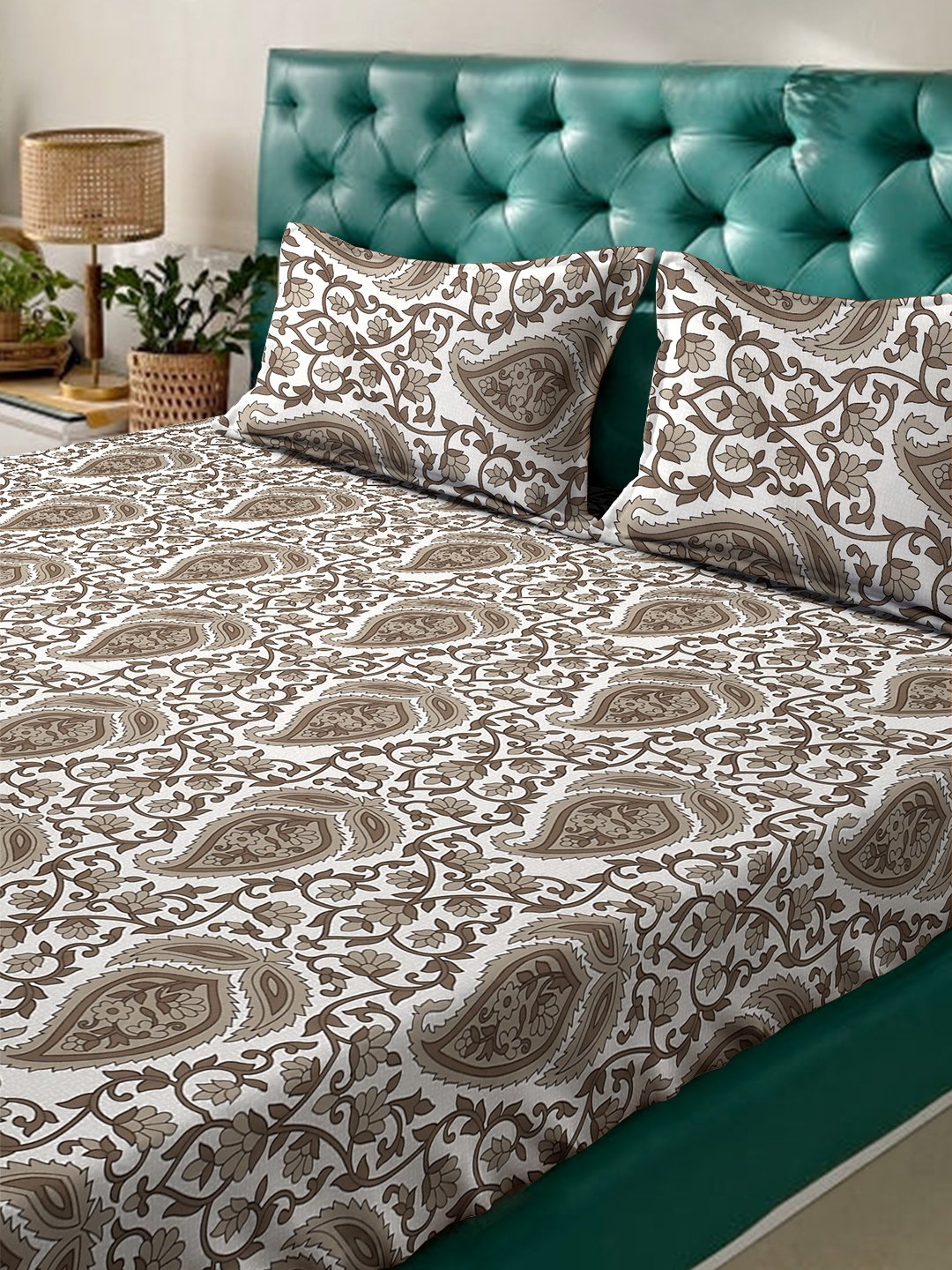 Book Fold Begie Floral 300 TC Cotton Blend Double Bedsheet with 2 Pillow Covers