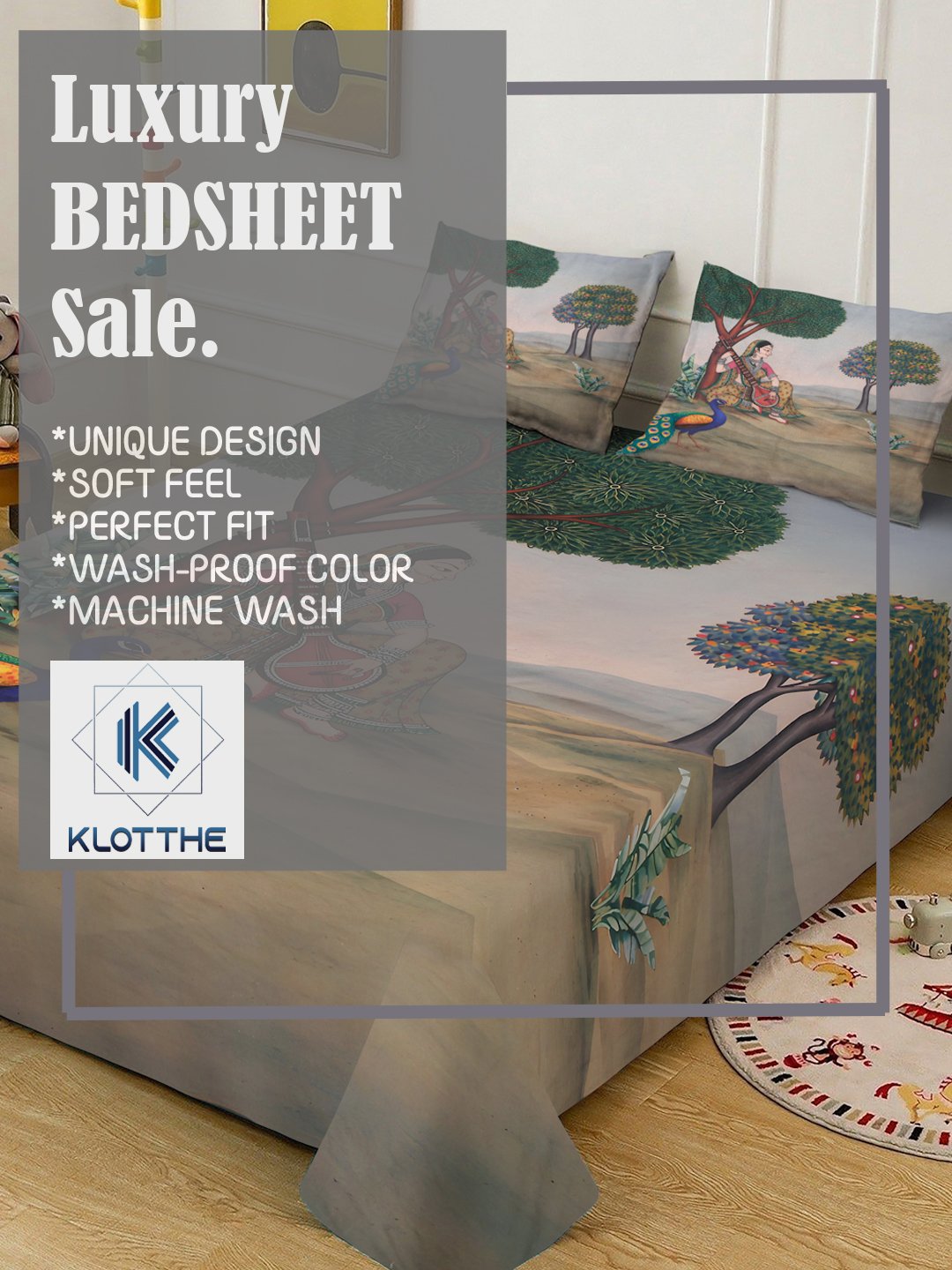 Multi Digital Ethnic Motifs Printed Cotton Blend Fitted Double Bedsheet with 2 Pillow Covers