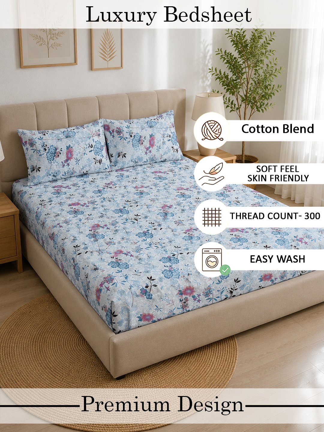 Blue Floral Cotton Blend Double Bedsheet with 2 Pillow Covers