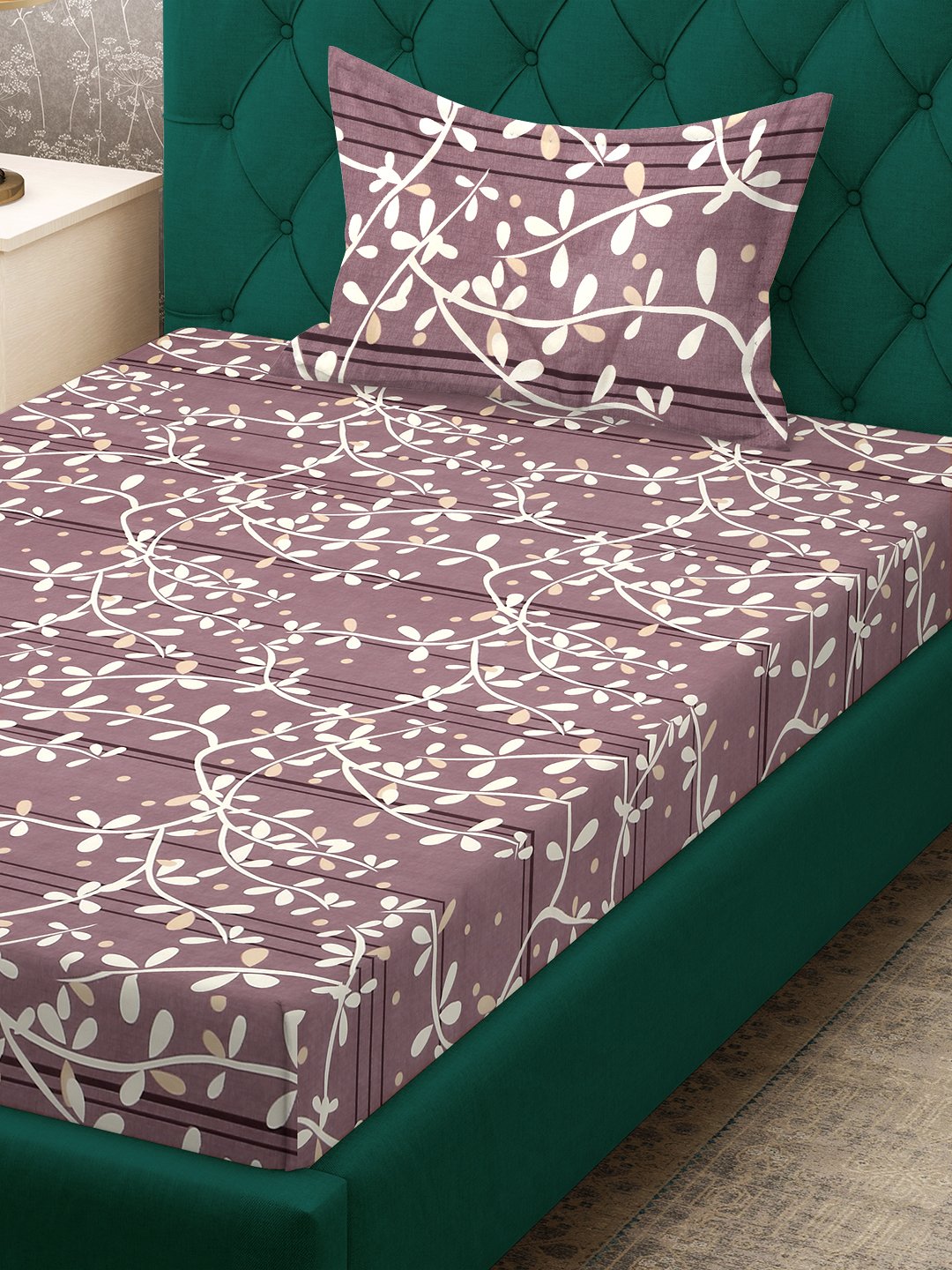 Purple Floral 300 TC Cotton Blend Fitted Single Bedsheet in Book Fold Packing
