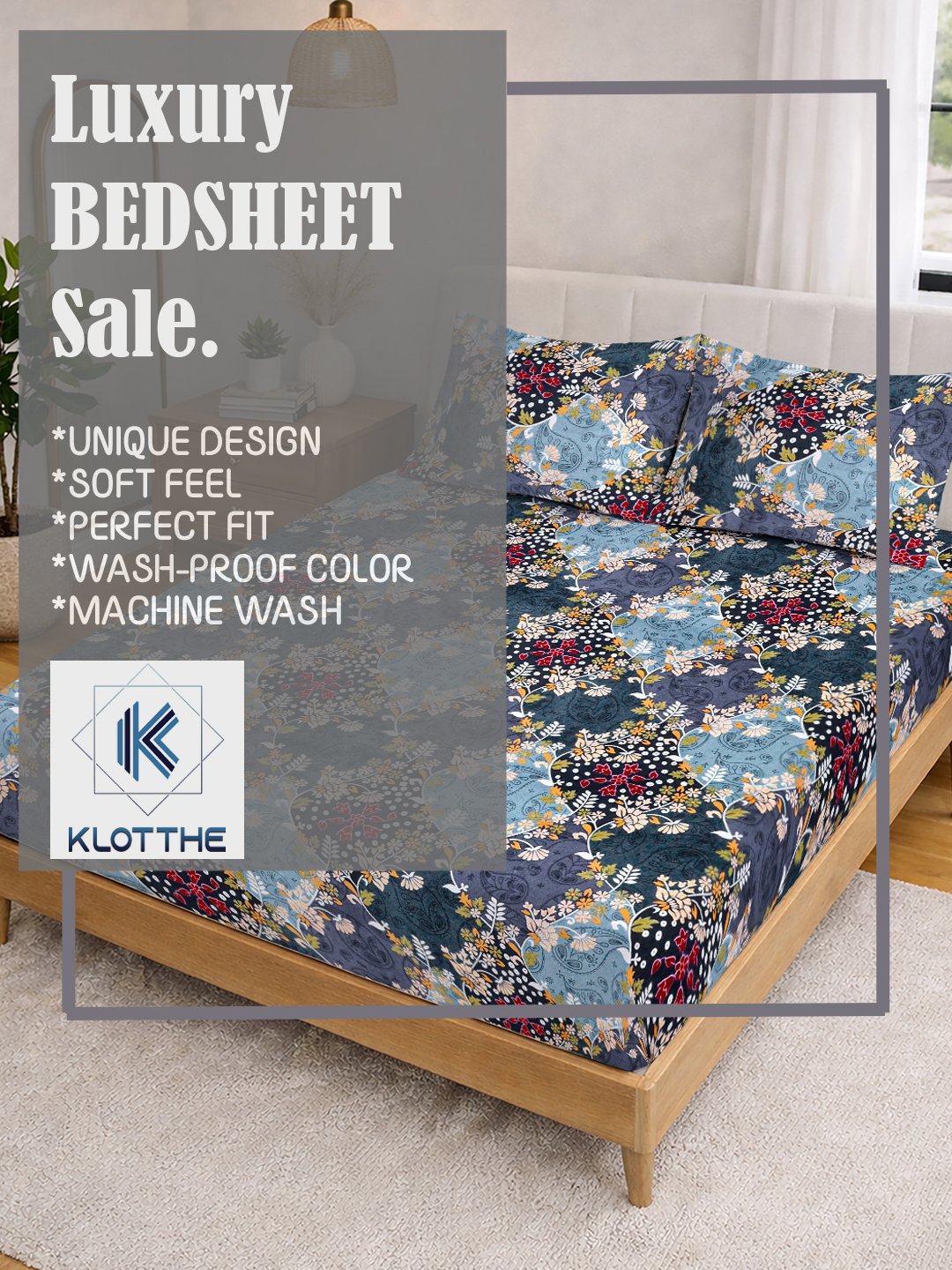 Blue Floral Cotton Blend Double Bedsheet with 2 Pillow Covers