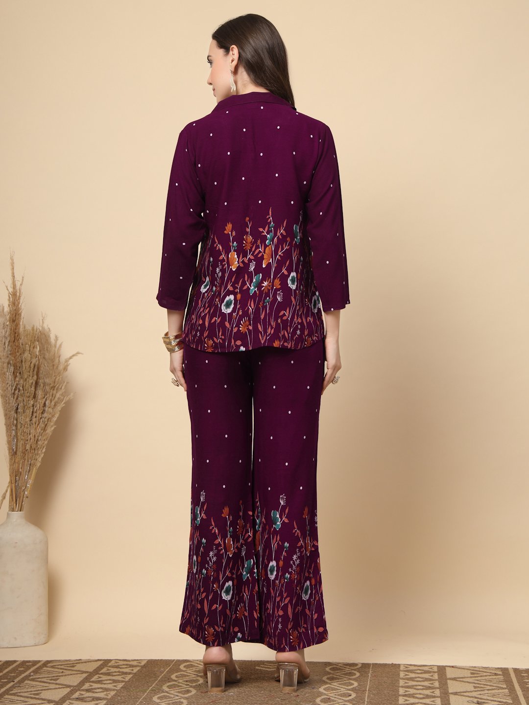 Wine Cotton Printed Shirt With Trousers Co-Ords Set