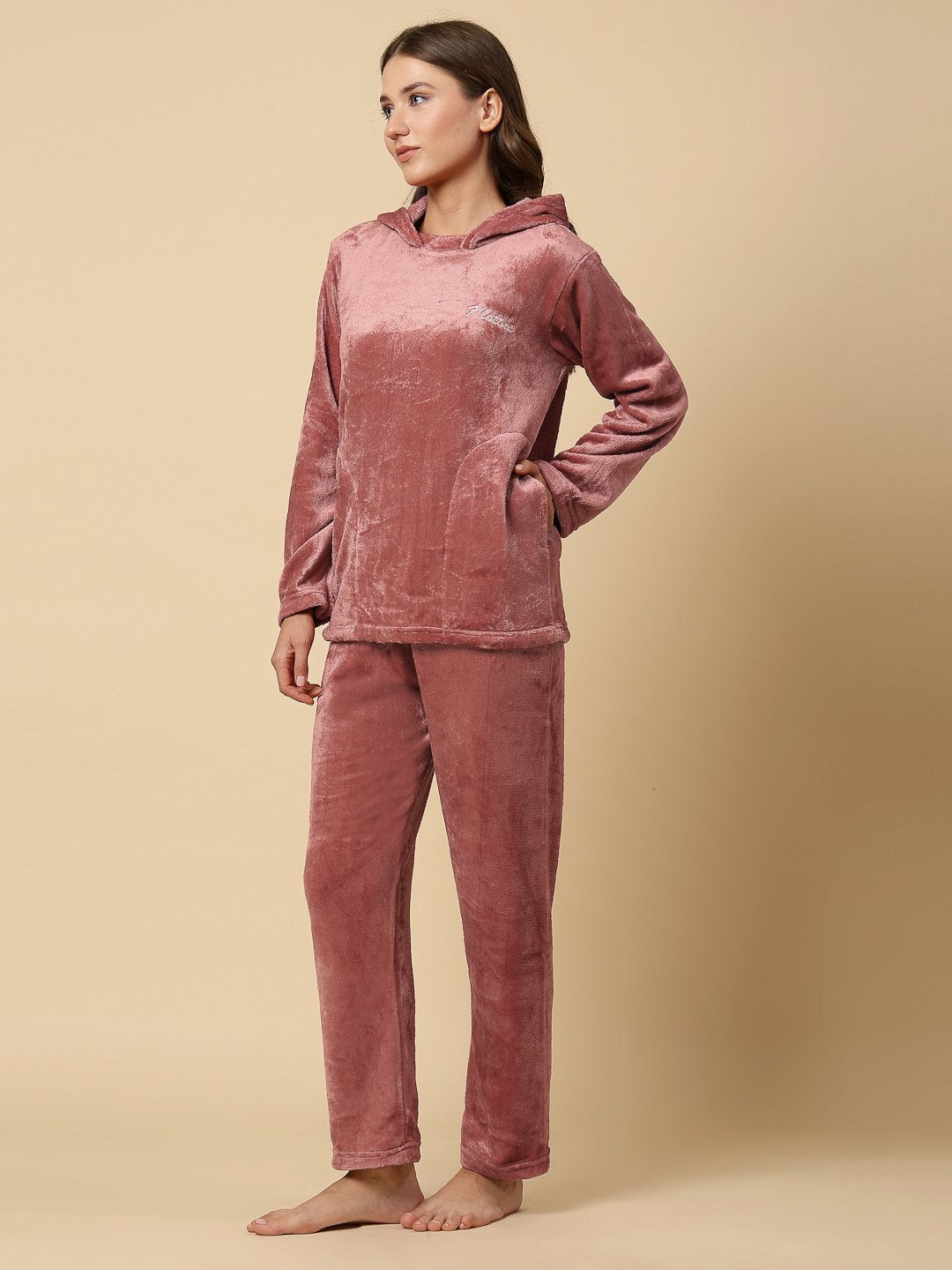 Klotthe Women Rust Wool Blend Solid Hooded Night Suit