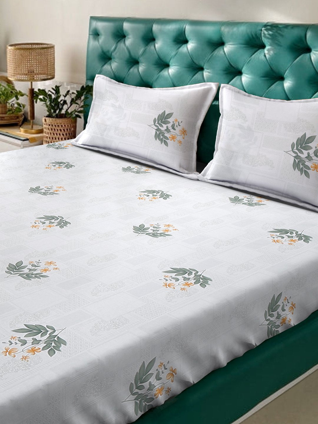 White Floral 400 TC Pure Cotton Super King Double Bedsheet with 2 Pillow Covers