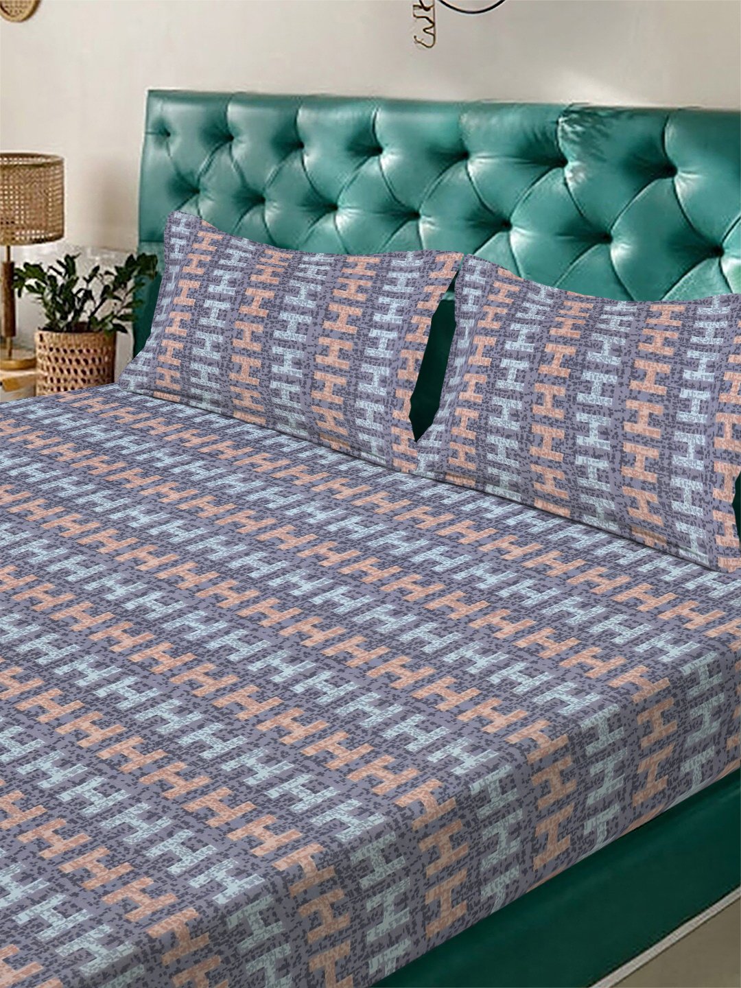 Purple Abstract 300 TC Cotton Blend Double Bedsheet with 2 Pillow Covers