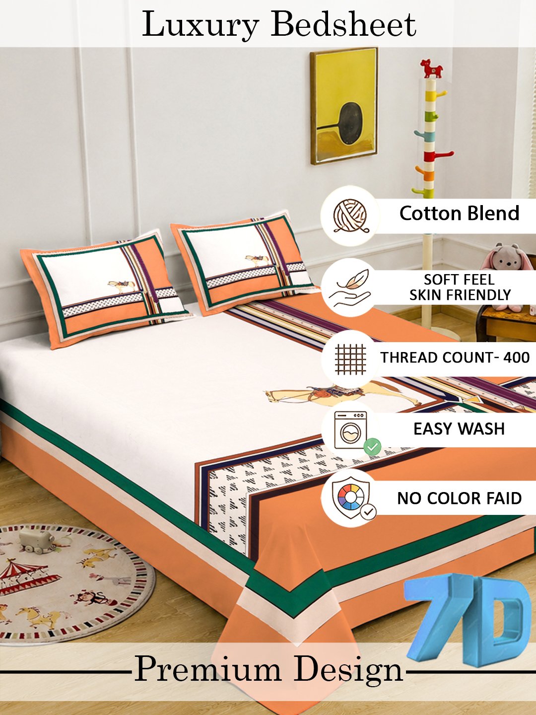 Digital Orange Geometric Cotton Blend Double Bedsheet with 2 Pillow Covers