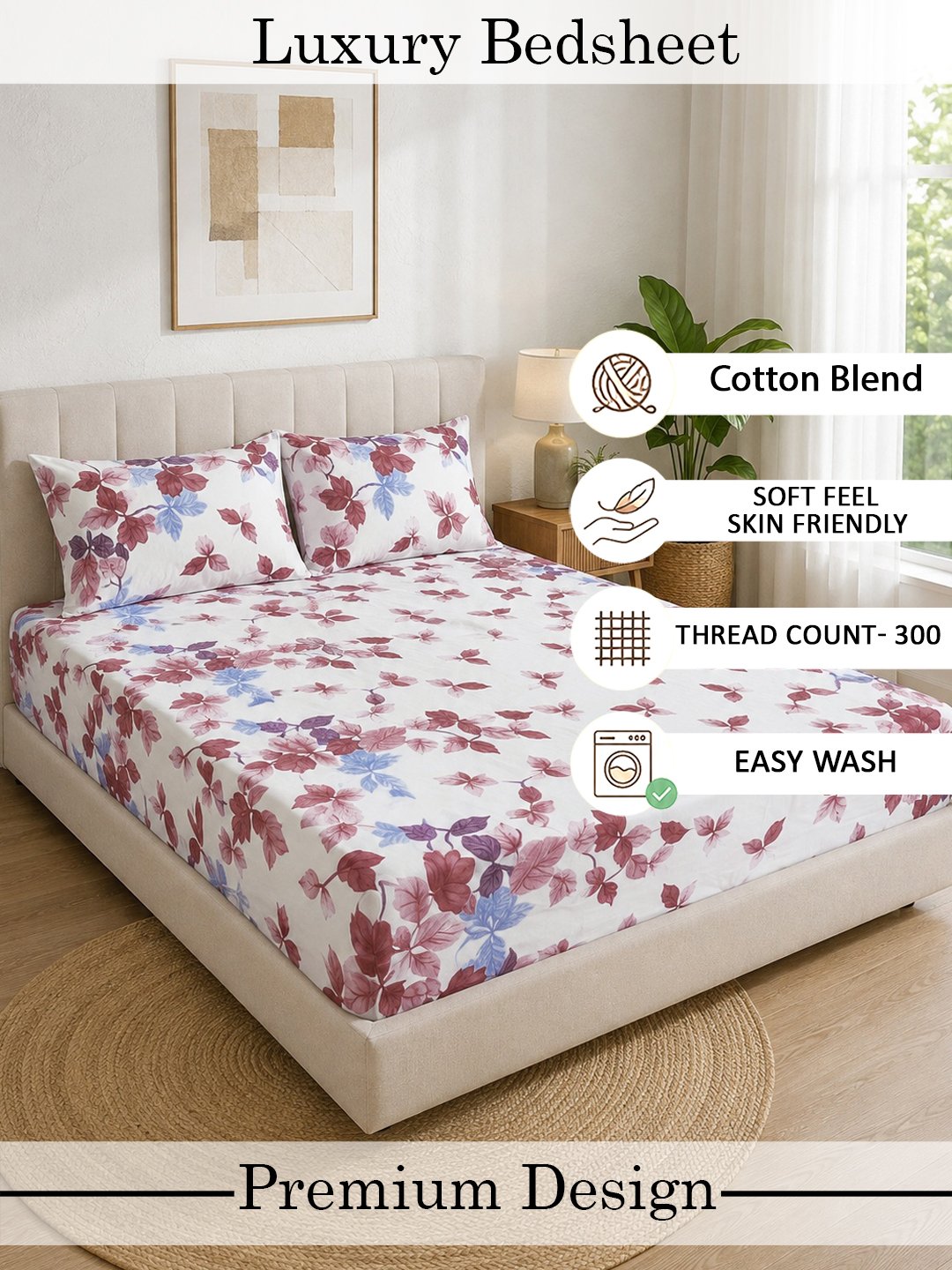 Cream Floral Cotton Blend Double Bedsheet with 2 Pillow Covers