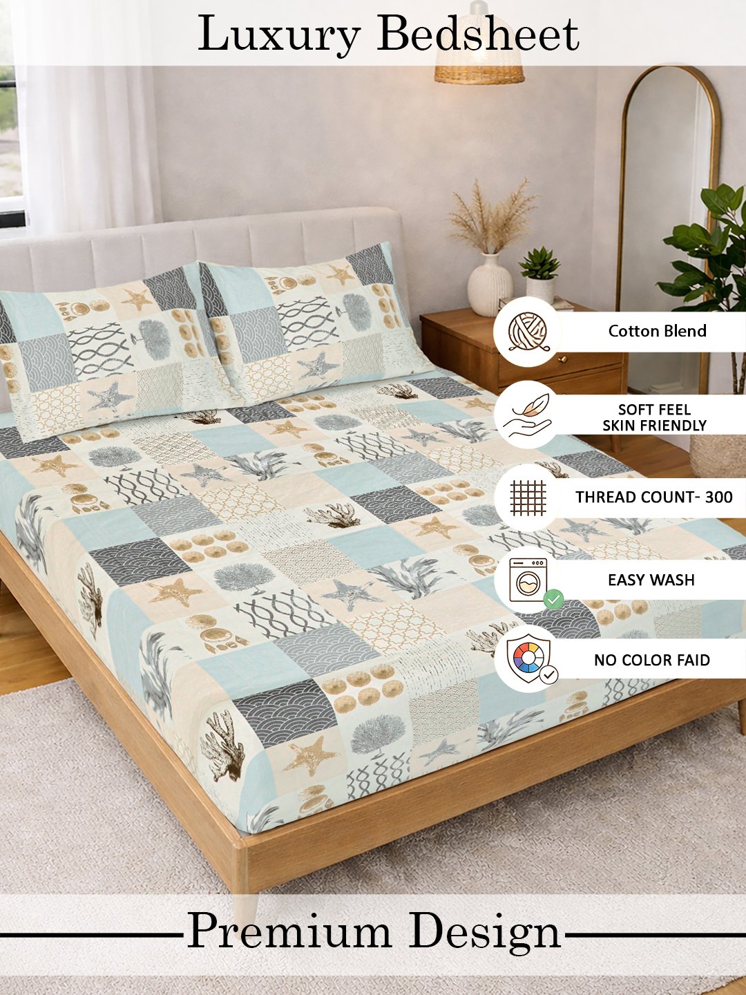 Multi Geometric Cotton Blend Double Bedsheet with 2 Pillow Covers