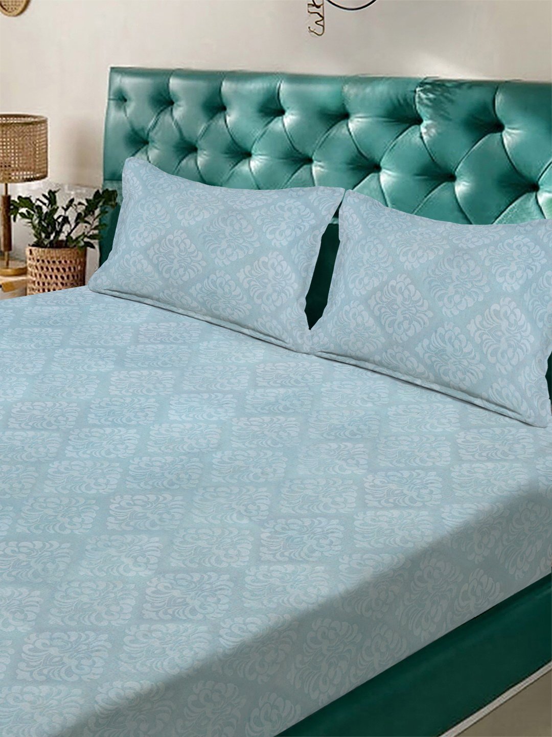 SkyBlue Floral Embossed Cotton Blend Fitted Double Bedsheet with 2 Pillow Covers