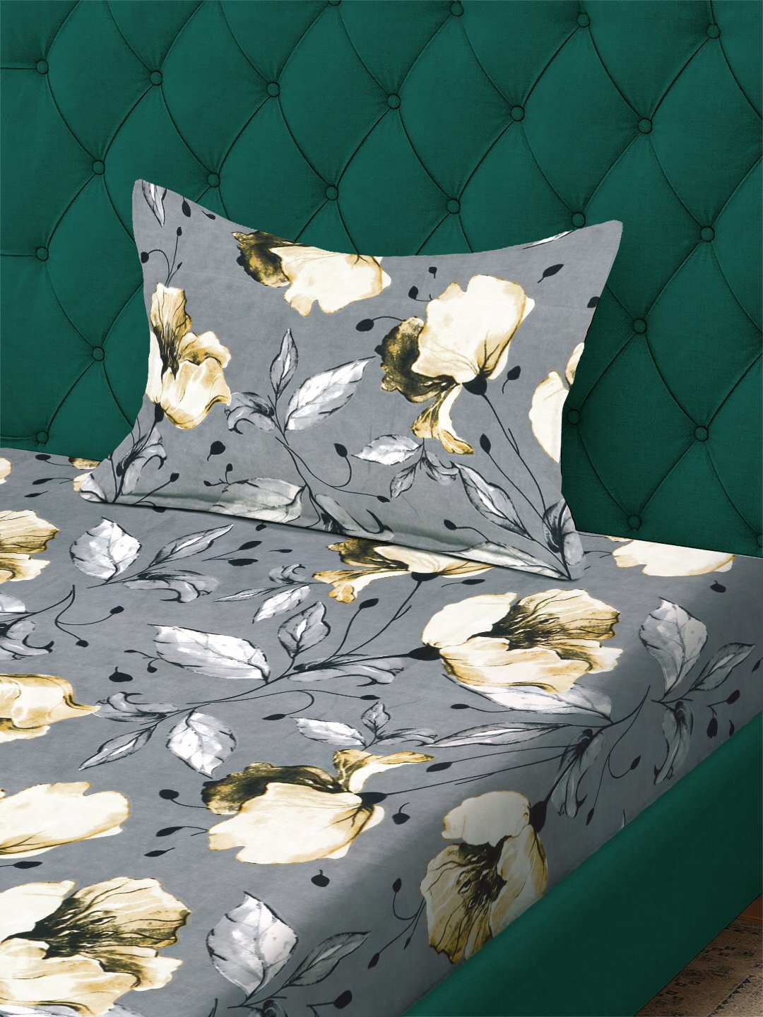 Grey Floral 300 TC Cotton Blend Single Bedsheet with Pillow Cover